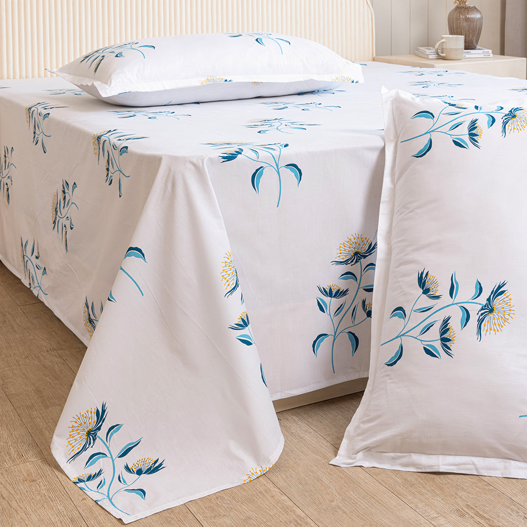 Wild Grace Flower - Floral Bedsheet (Turquoise & Blue)-3