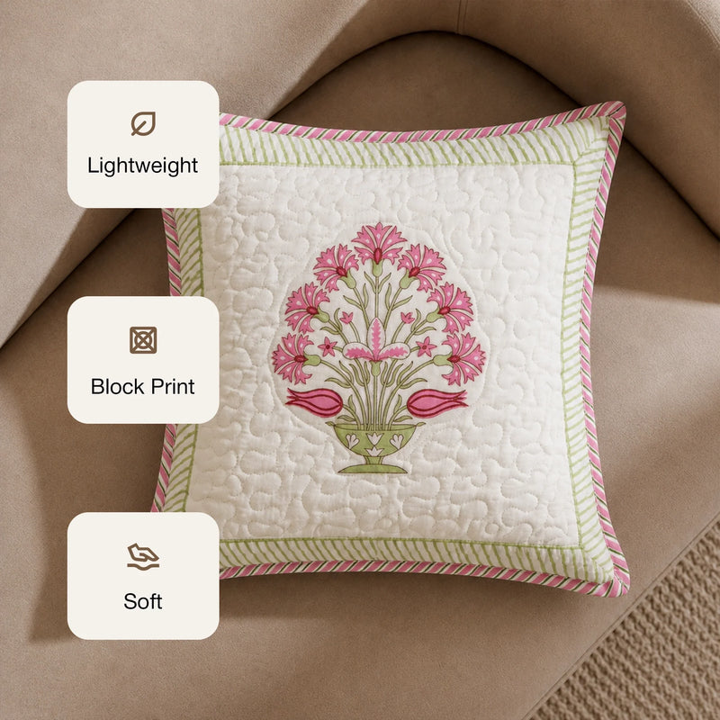 Ombre Rosey - Hand Block Print Quilted Cushion Cover (Pink)-3