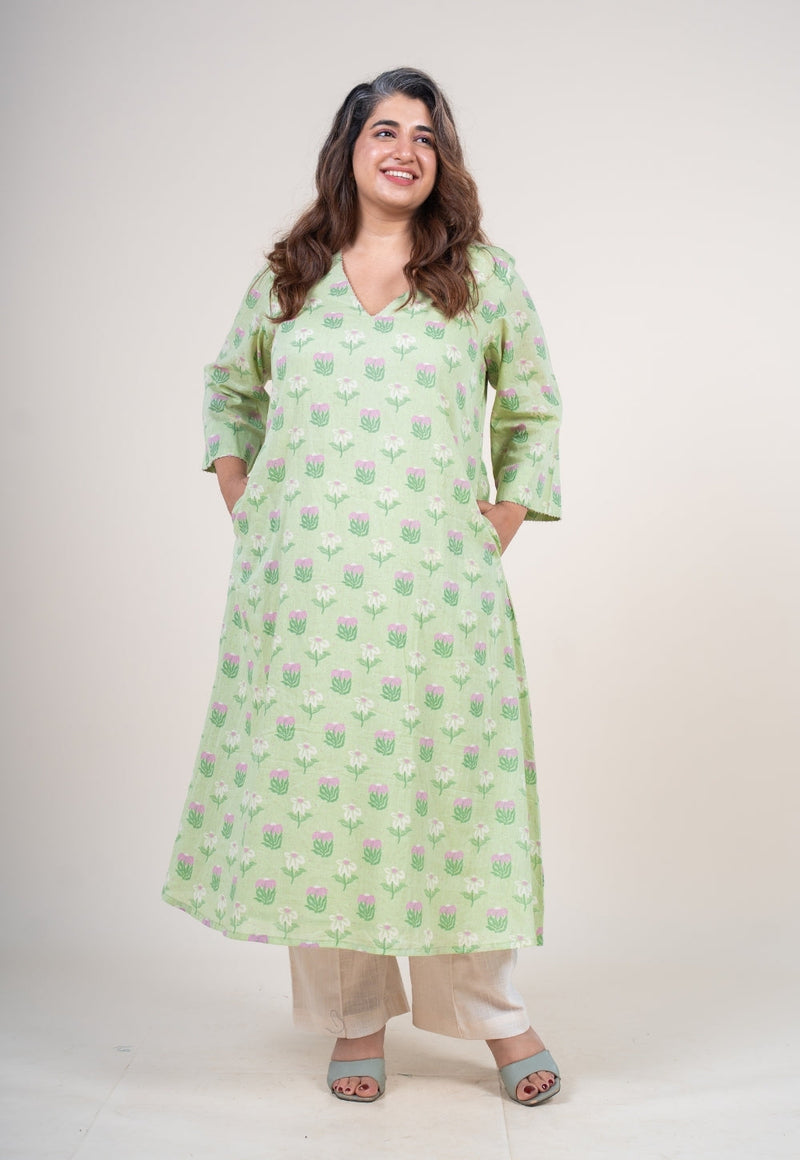 Reva Mint Green Printed Mul A Line Kurta with Hand Embroidery