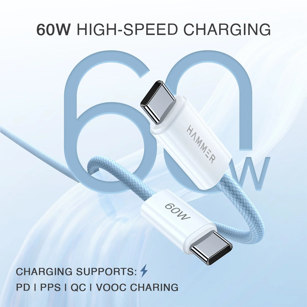 Hammer 60W Magnetic Braided USB Type-C to C Fast Charging & Data Transfer Cable, Durable Tangle Free Design (Blue)-4