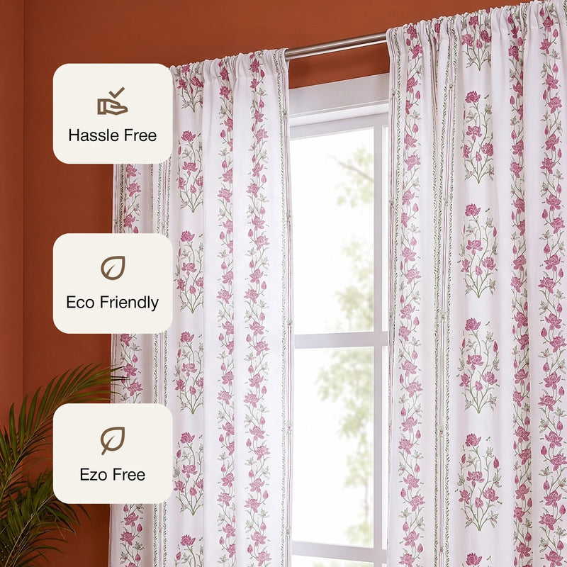 Pink Floral Petal Stripe Rod Pocket Printed duck Curtain-3