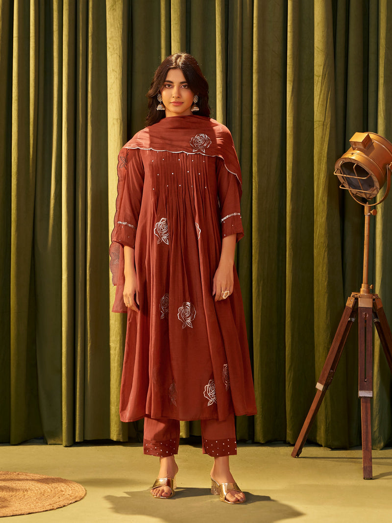 Advika Maroon Mul Chanderi Suit Set