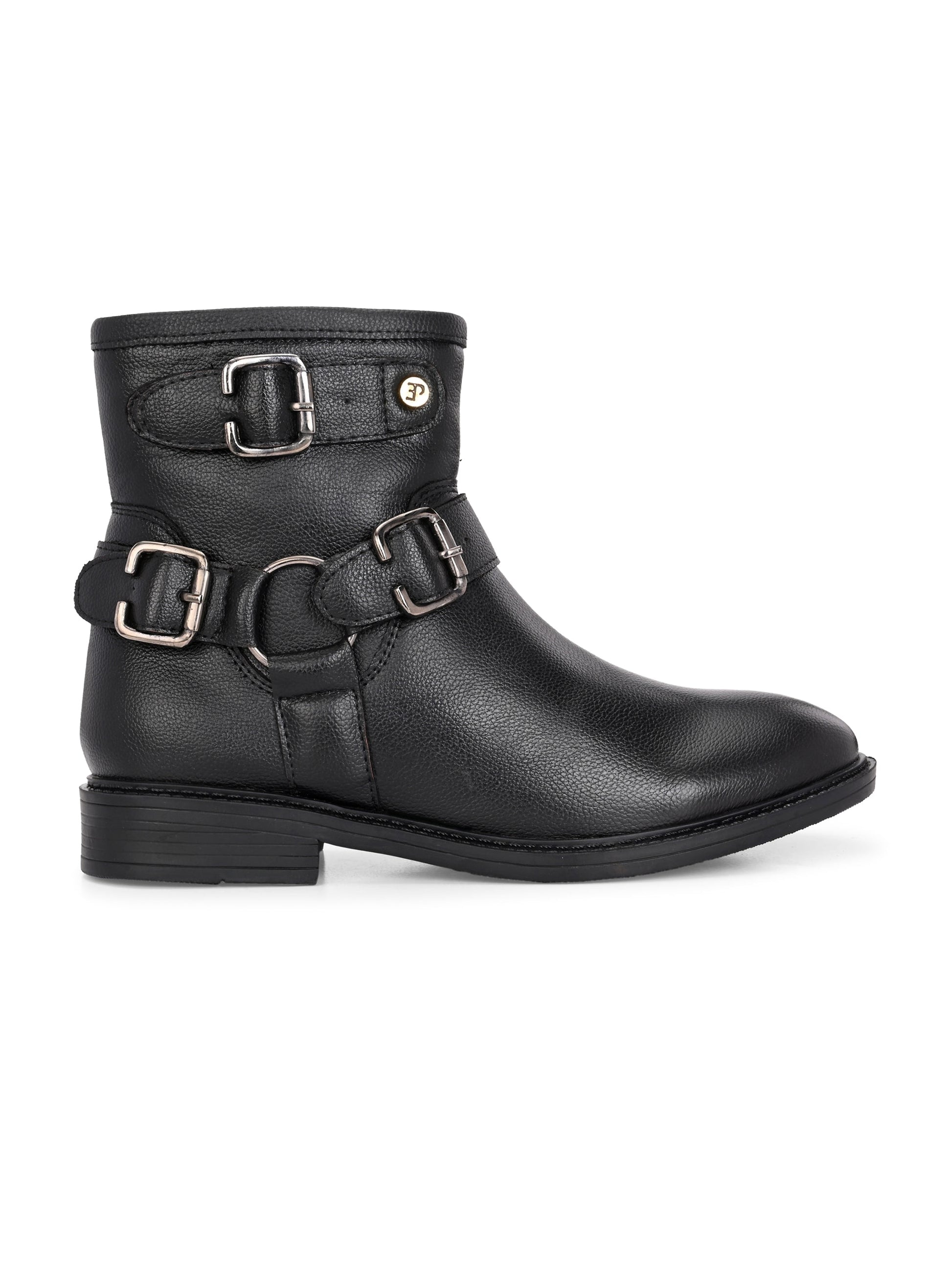 Women Black leather ankle-length boot with silver buckle accents and a low heel, perfect for casual or semi-formal wear.