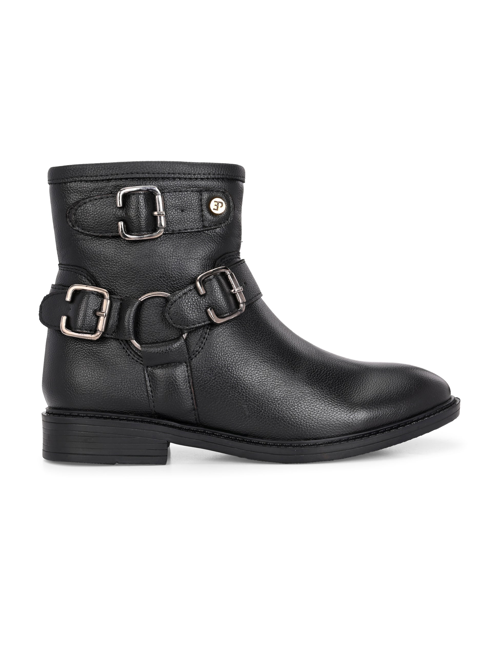 Women Black leather ankle-length boot with silver buckle accents and a low heel, perfect for casual or semi-formal wear.