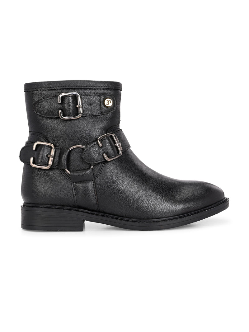 Women Black leather ankle-length boot with silver buckle accents and a low heel, perfect for casual or semi-formal wear.