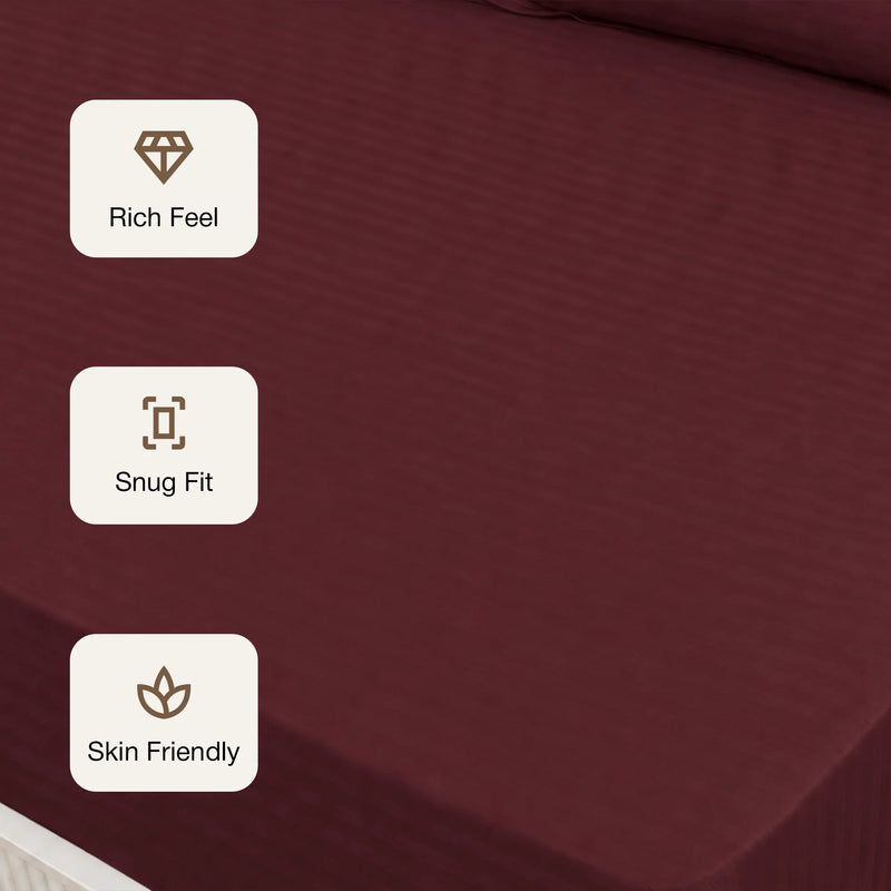 Breton Drift - Satin Stripes Fitted Bedsheet (Maroon)-3