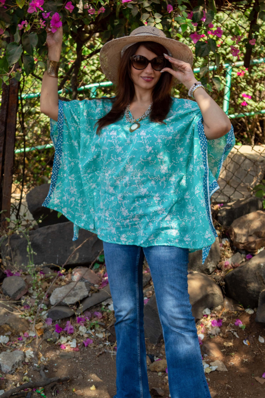 Hand Block Printed and Hand Painted Cotton Mul Kaftan · Teal Jaal-1