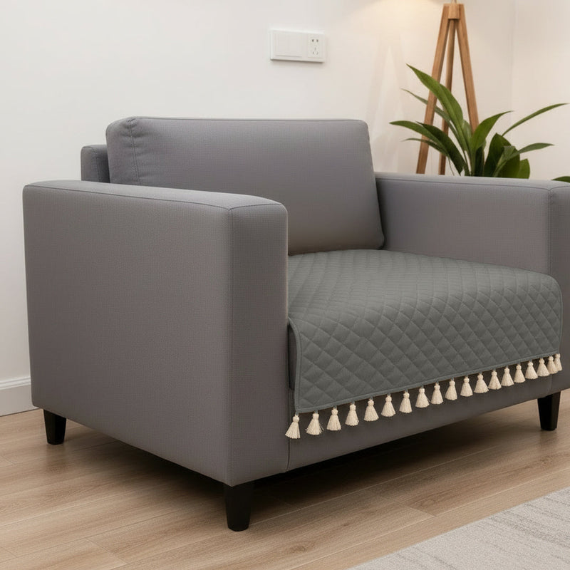 Quilted Velvet Sofa Cover with Tassels (Grey)-2