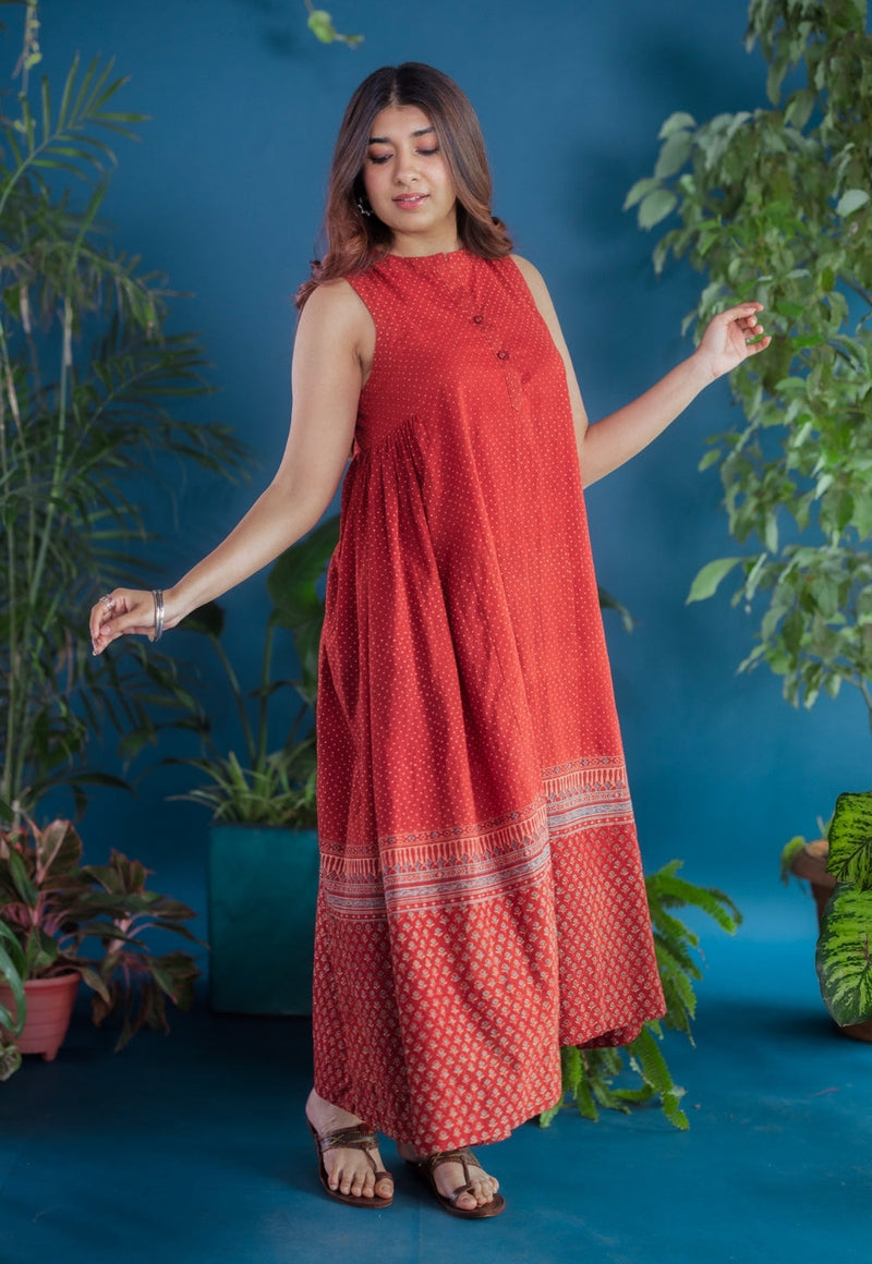 Zivaa Red Ajrakh Cotton A Line Dress