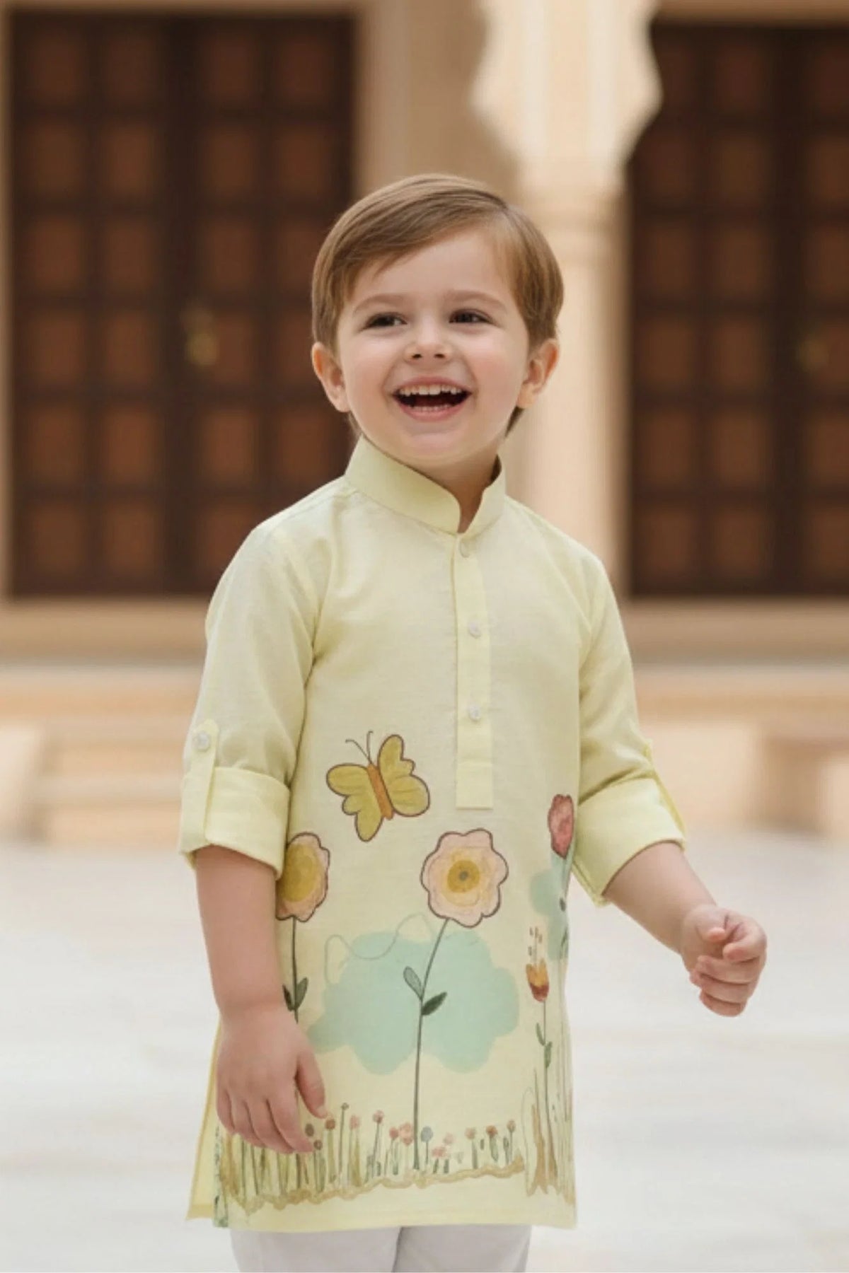 Pastel Yellow Floral Print Kurta with White Pajama For Boys