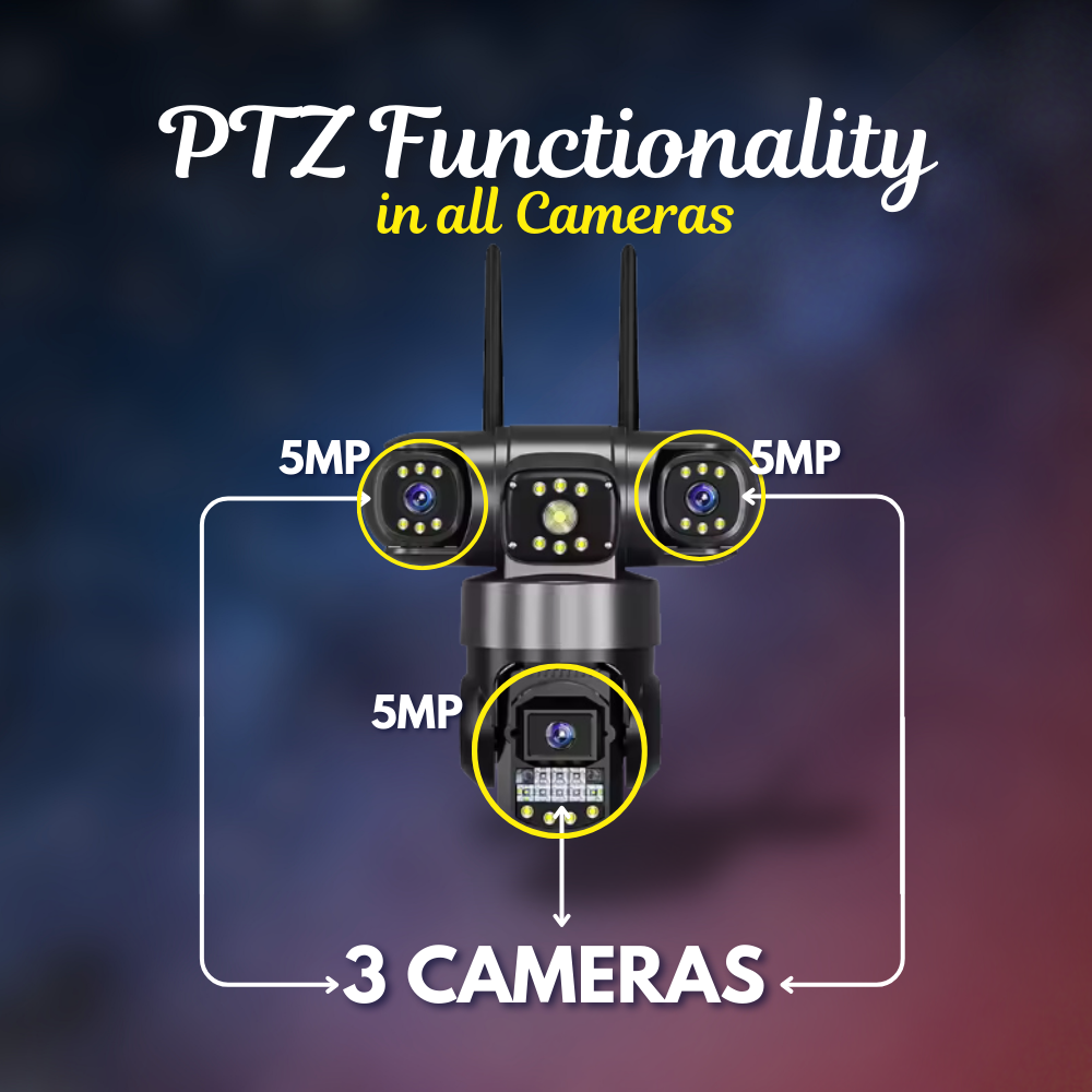 Maizic Smarthome Batman Black 3-in-1 WiFi CCTV Camera | Triple Lens & 3 Screen View | 360° PTZ + Dual 180° Side Cameras | AI Human Detection | Color Night Vision | Two-Way Audio | Home Security Camera