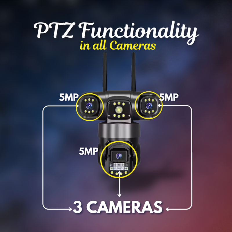 Maizic Smarthome Batman Black 3-in-1 WiFi CCTV Camera | Triple Lens & 3 Screen View | 360° PTZ + Dual 180° Side Cameras | AI Human Detection | Color Night Vision | Two-Way Audio | Home Security Camera
