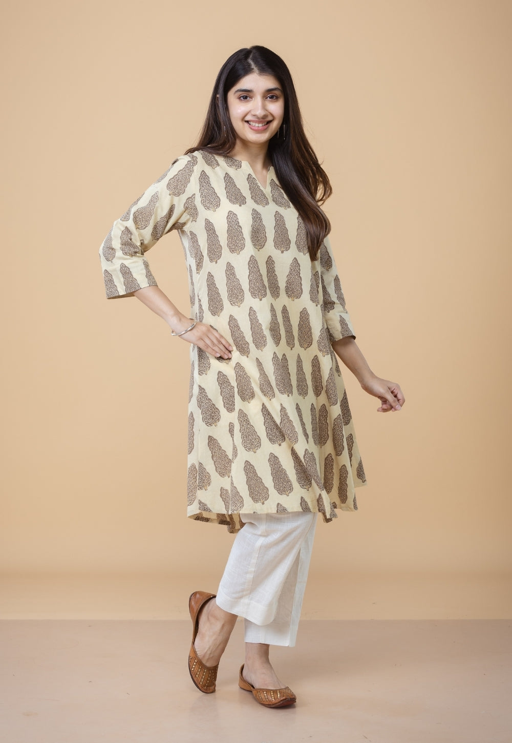 Daksha Beige Ajrakh Cotton A Line Kurta