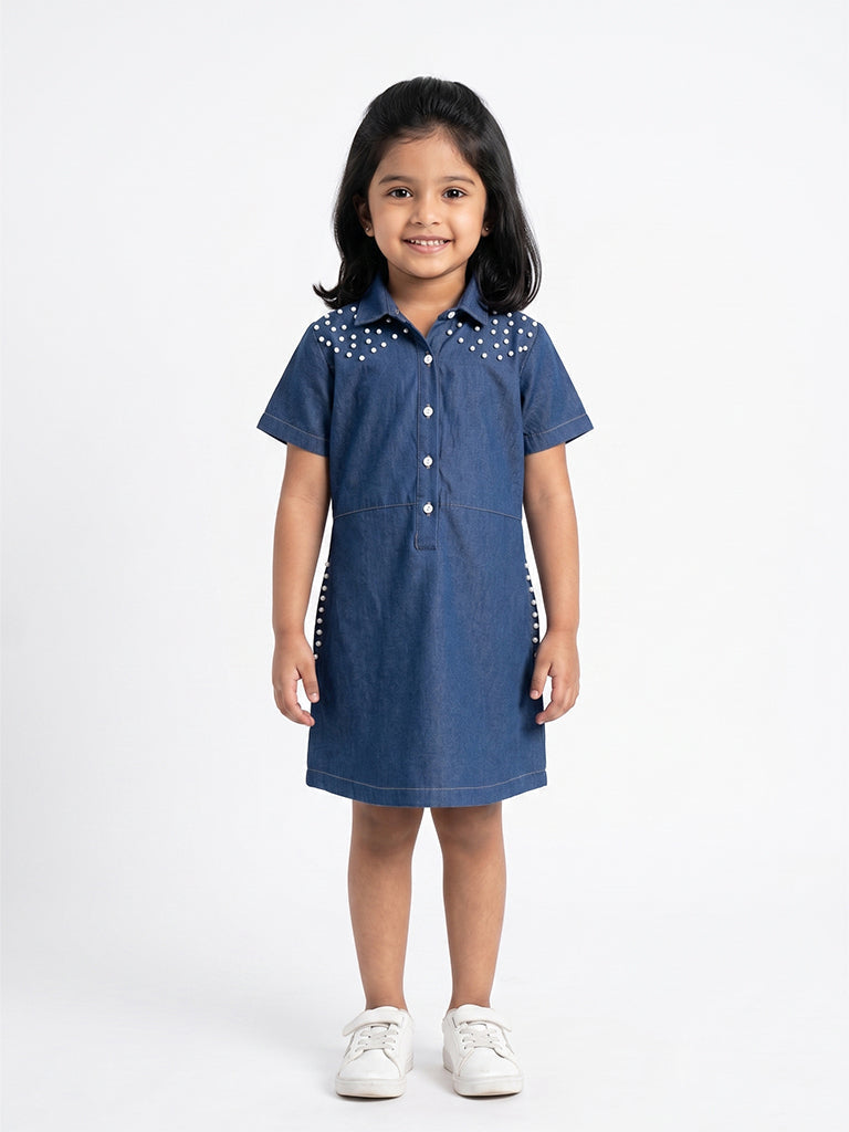 Pearl Stud Denim Shirt Dress