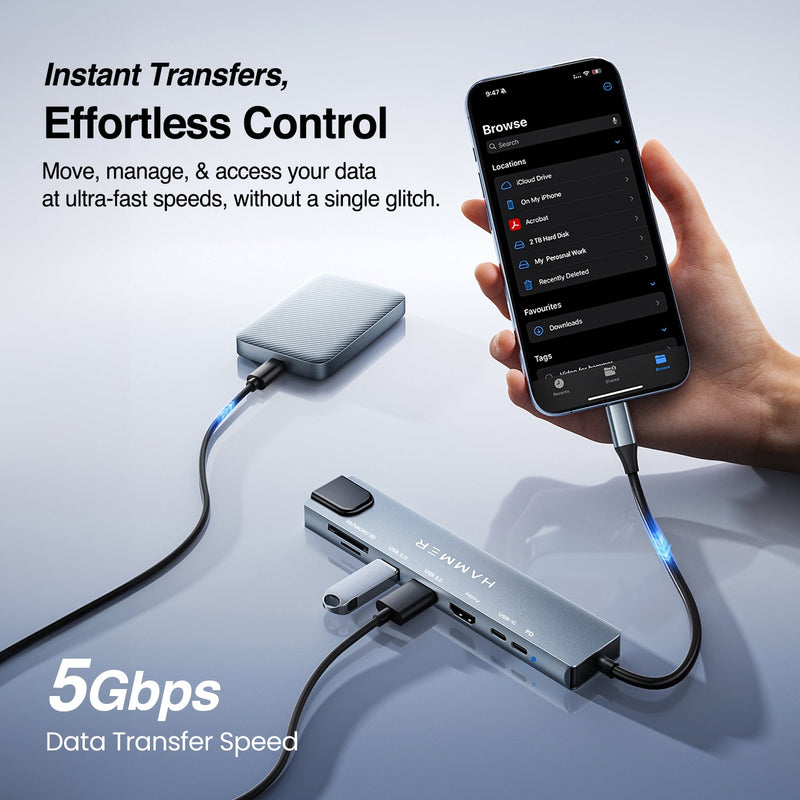 HAMMER 8-in-1 USB-C Hub | 100W PD Charging, 5Gbps Data Transfer, HDMI 4K, Ethernet Port, SD/TF Multiport Adapter (Grey)-4