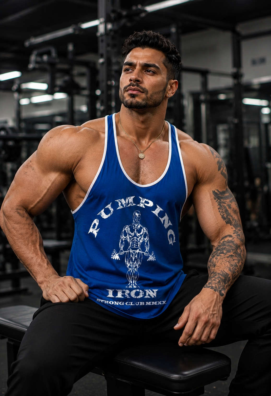 Blue White - T109 - Pumping Iron - Gym Tank Top