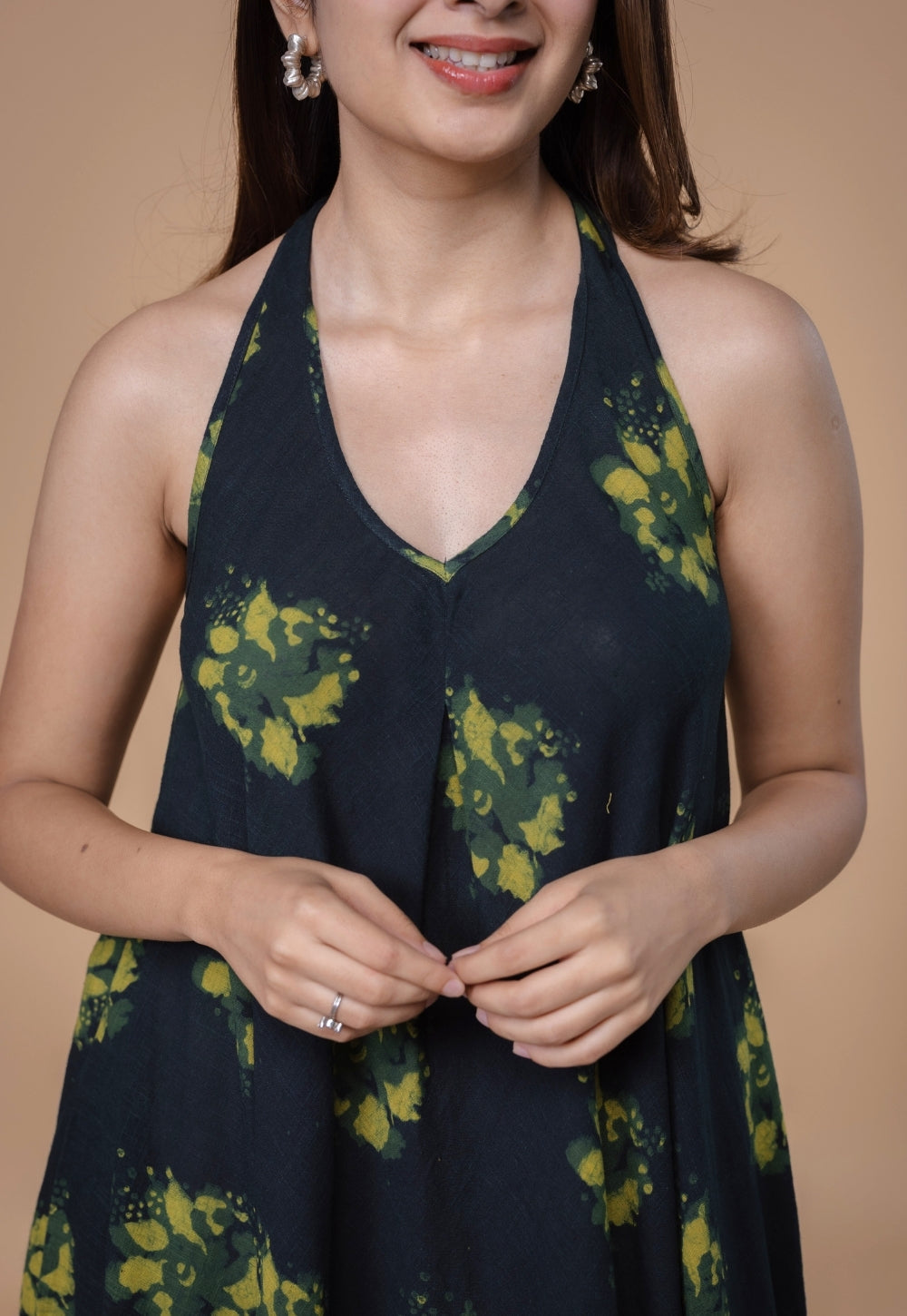 Tashi Green Dabu Slub Cotton A Line Dress