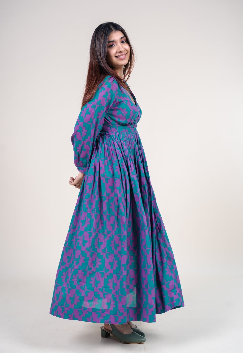 Kimaya Electric Blue Printed Mul A Line Dress