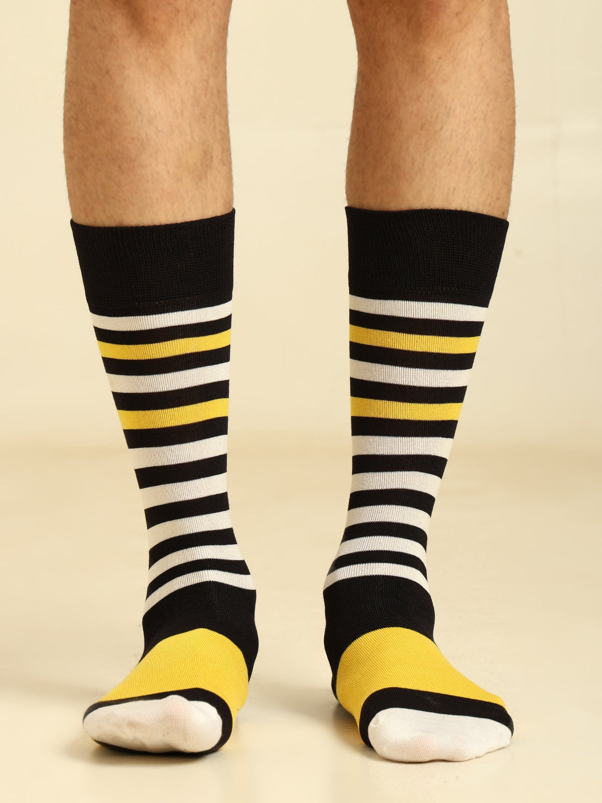 Naturefab Men's Bamboo Full Length socks Yellow White Stripes-1