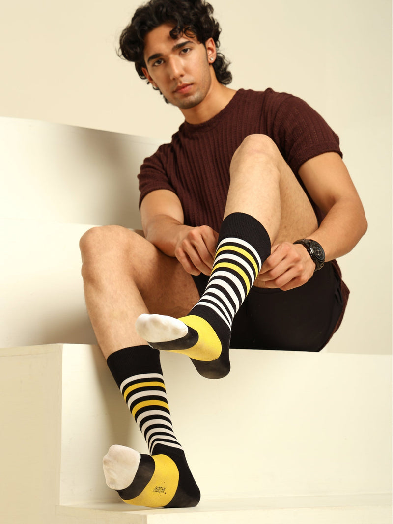 Naturefab Men's Bamboo Full Length socks Yellow White Stripes-3