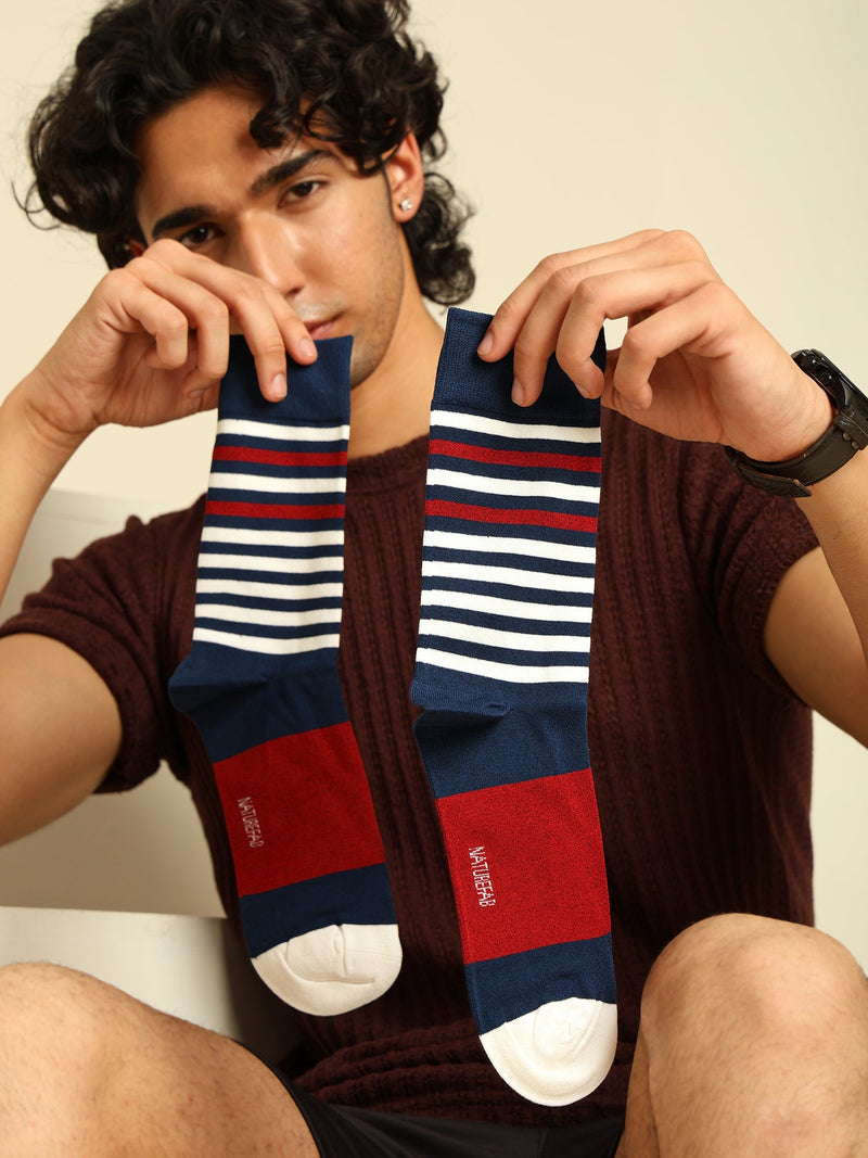 Naturefab Men's Bamboo Full Length socks Maroon Stripes-2