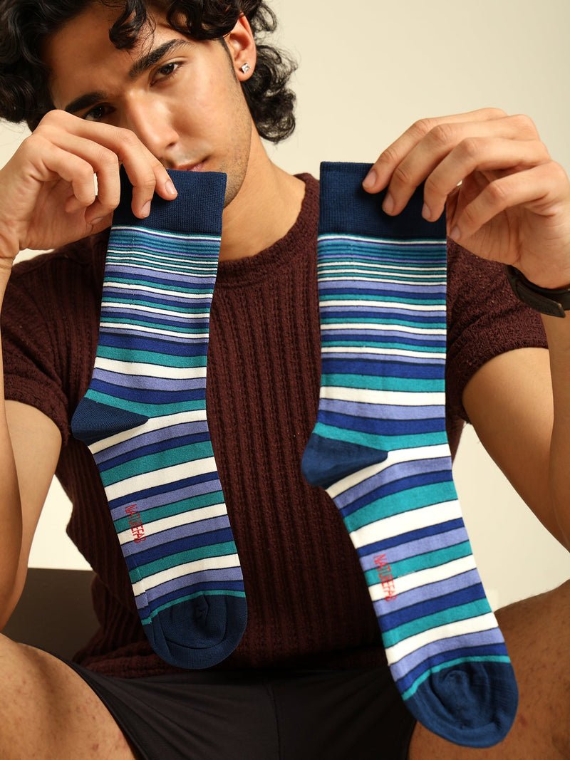 Naturefab Men's Bamboo Full Length socks Blue Stripes-2
