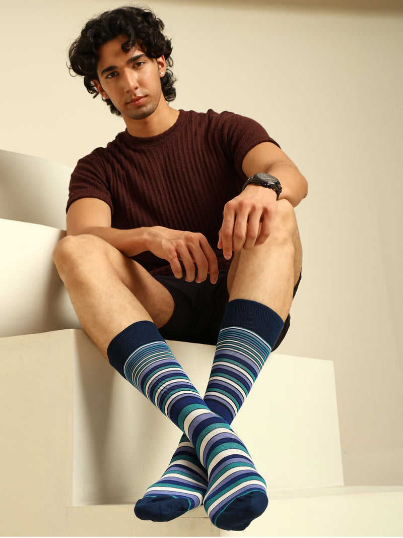 Naturefab Men's Bamboo Full Length socks Blue Stripes-5