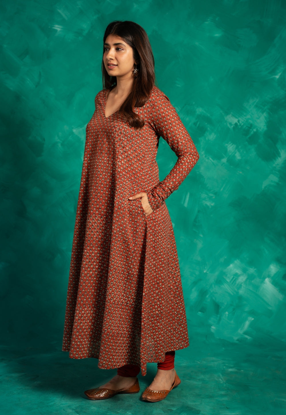 Huma Red Bagru Cotton Kali Kurta