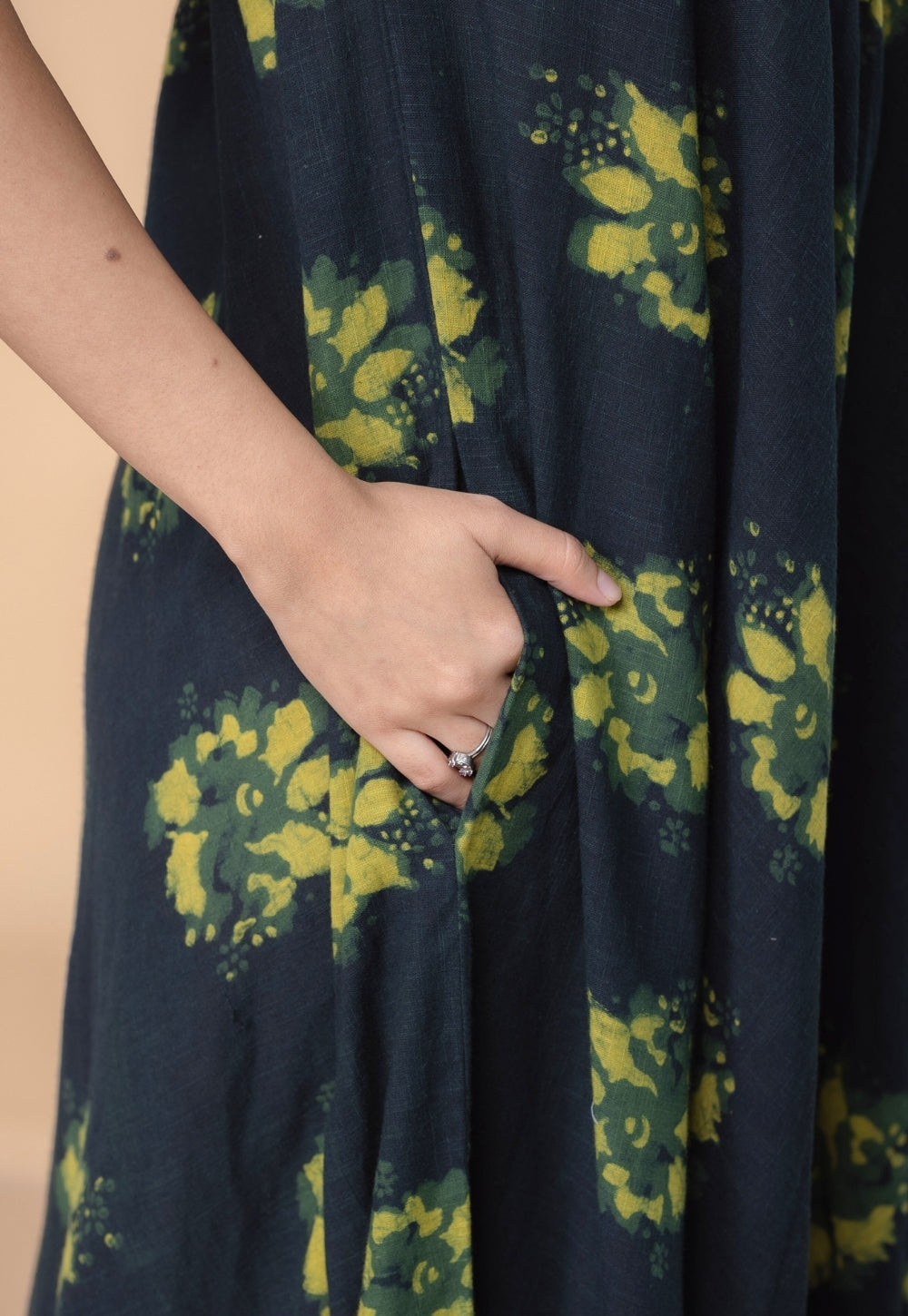 Tashi Green Dabu Slub Cotton A Line Dress