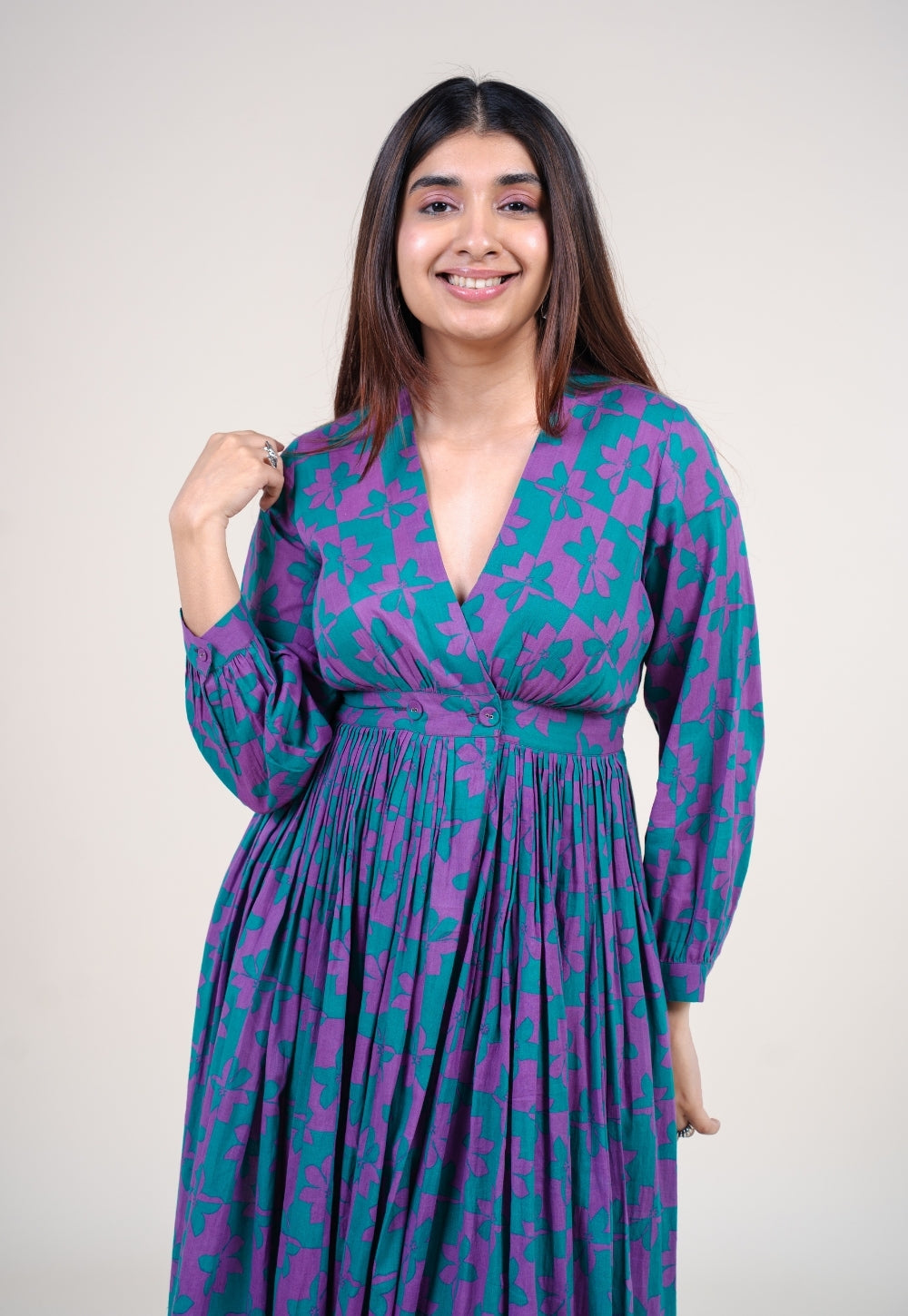 Kimaya Electric Blue Printed Mul A Line Dress