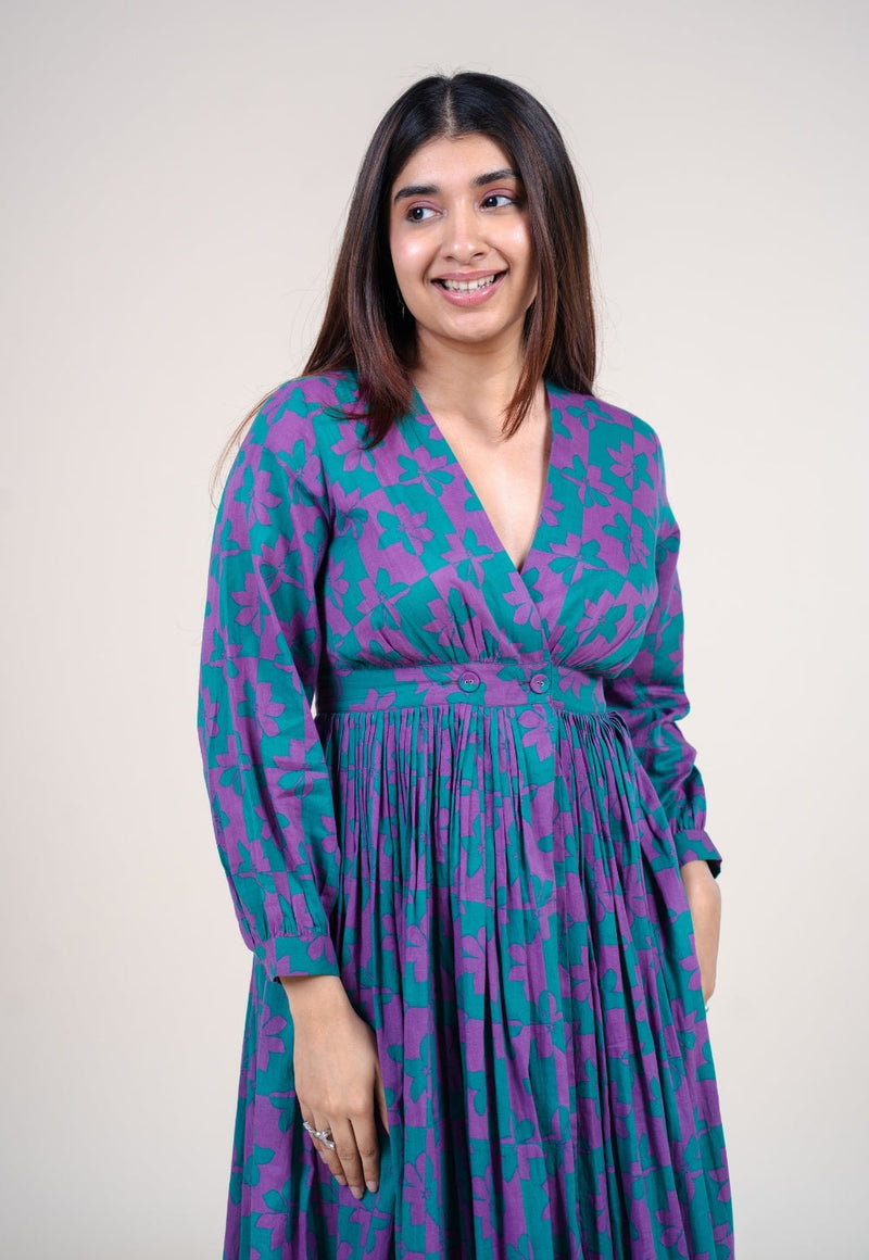 Kimaya Electric Blue Printed Mul A Line Dress
