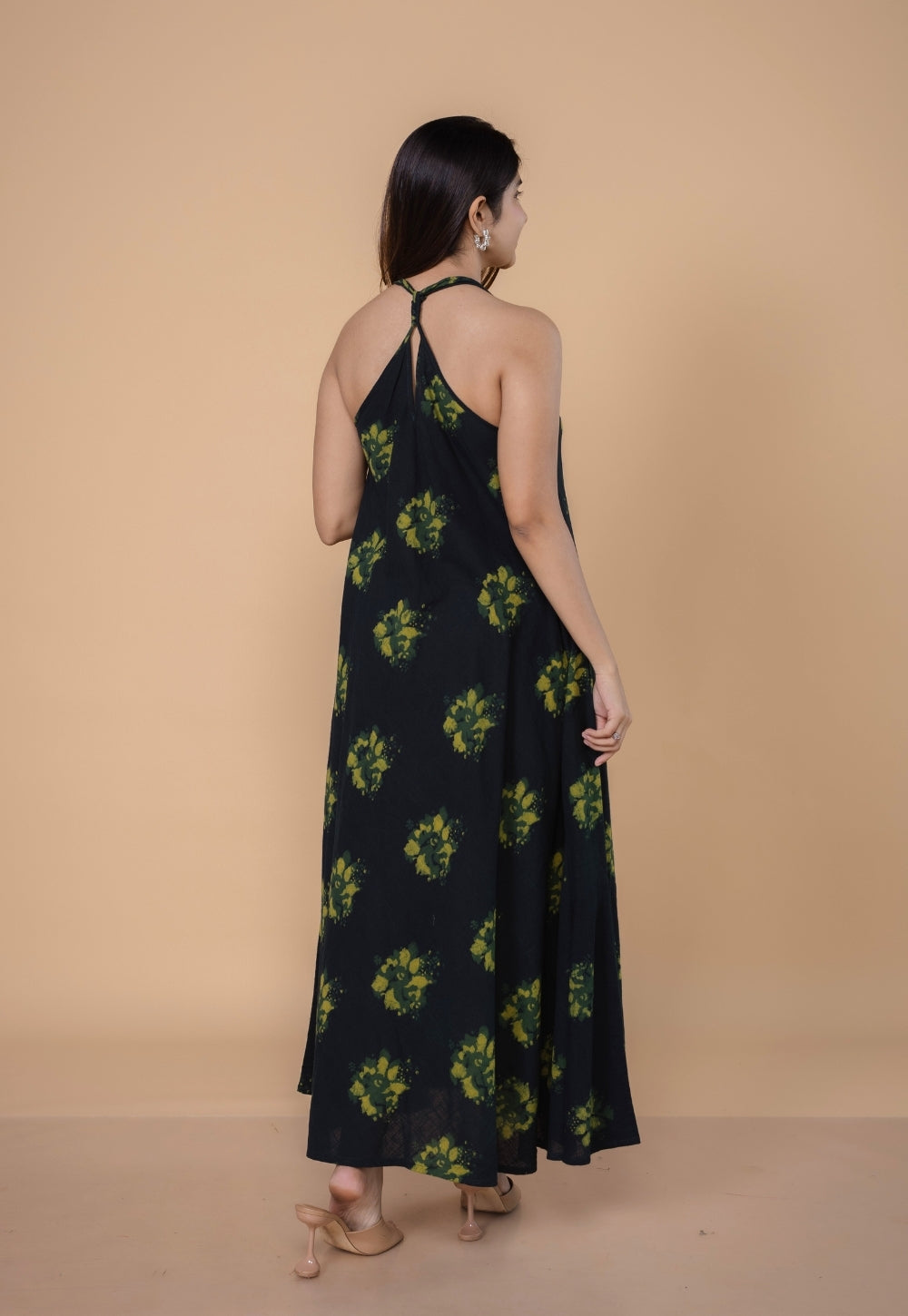 Tashi Green Dabu Slub Cotton A Line Dress