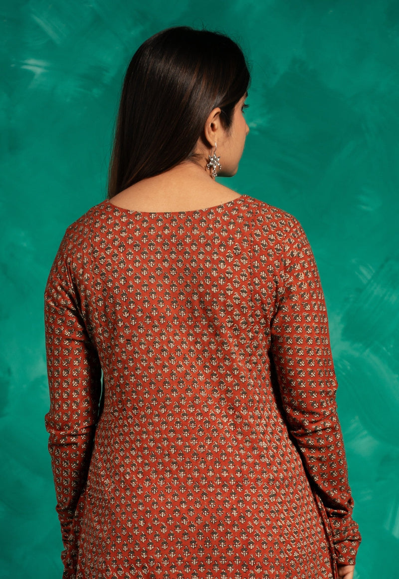 Huma Red Bagru Cotton Kali Kurta