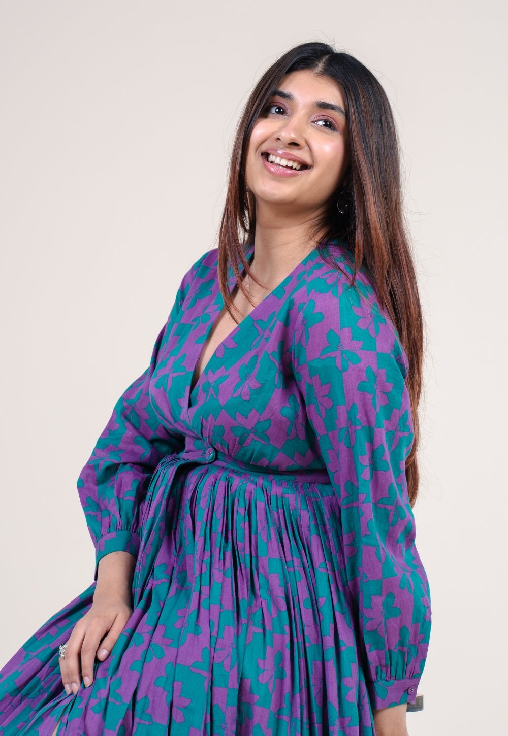Kimaya Electric Blue Printed Mul A Line Dress