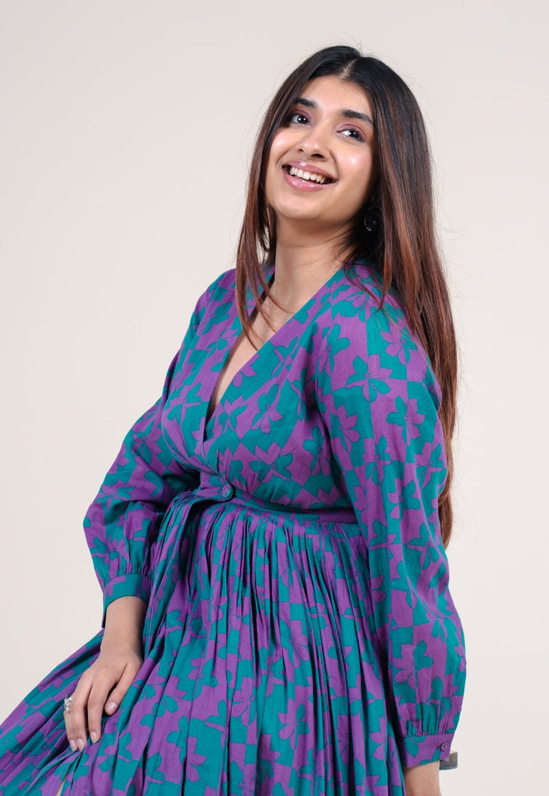 Kimaya Electric Blue Printed Mul A Line Dress