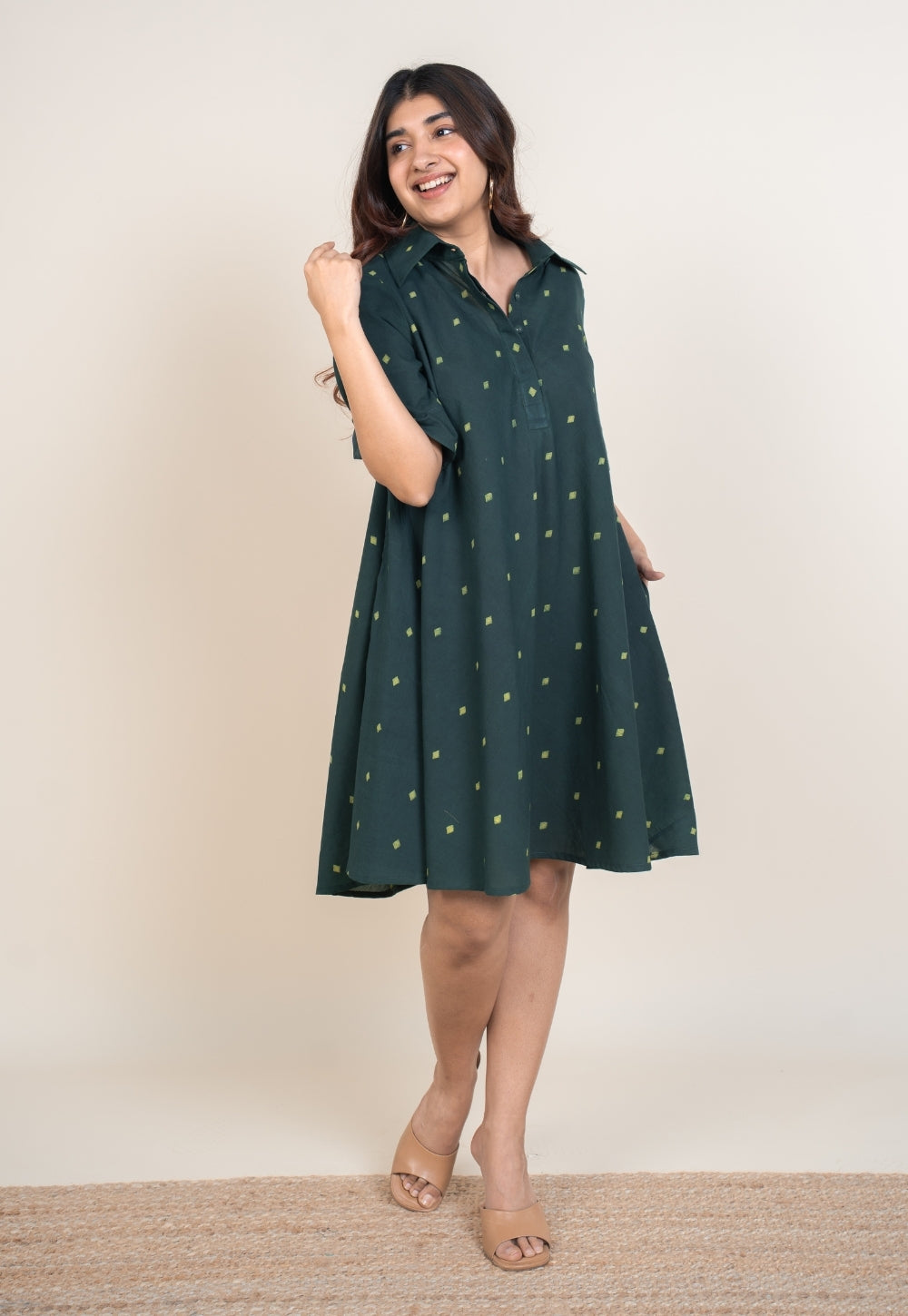 Srisha Green Dabu Cotton A Line Dress