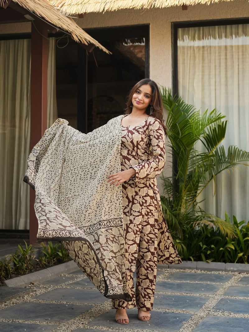 Smoky Plum Brown Handblock Straight Kurta Set with Cotton Dupatta