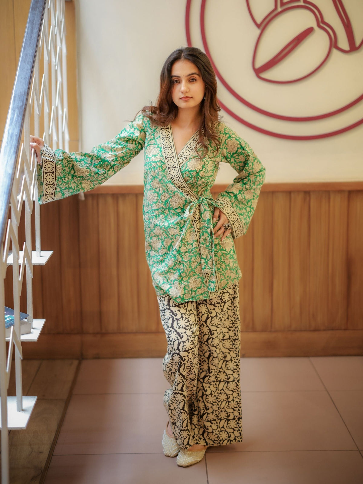 Mint Pista Handblock Wrap Top & Palazzo Set for Women