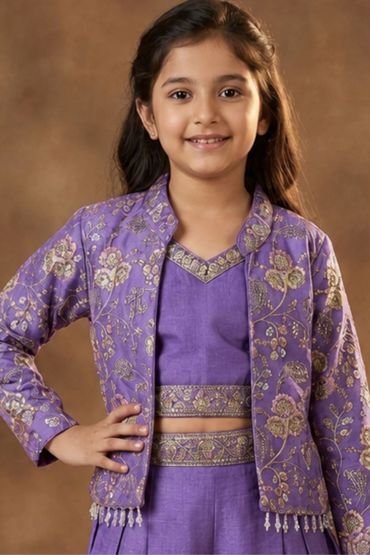 Purple Palazzo Set with Embroidered Jacket For Girls