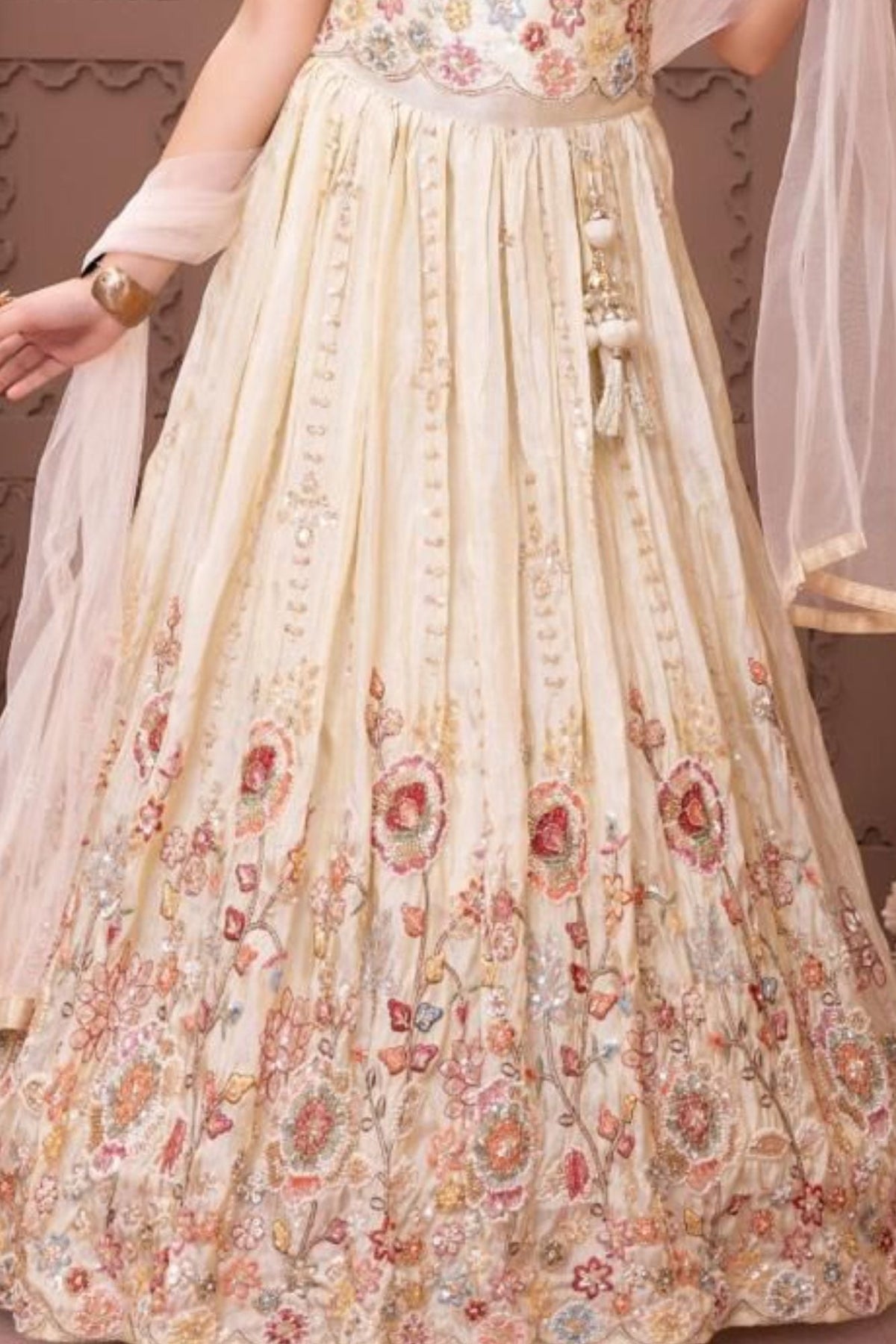 Cream Floral Embroidered Lehenga Choli with Dupatta for Girls