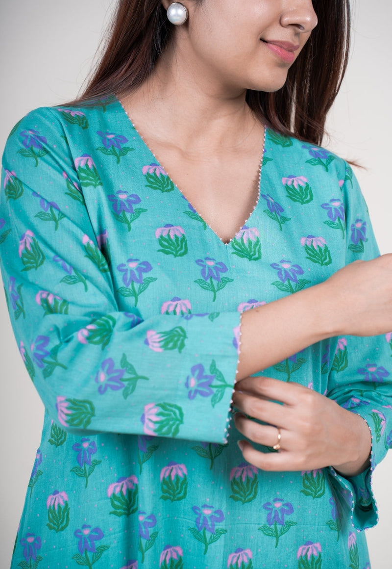 Reva Mint Green Printed Mul A Line Kurta with Hand Embroidery