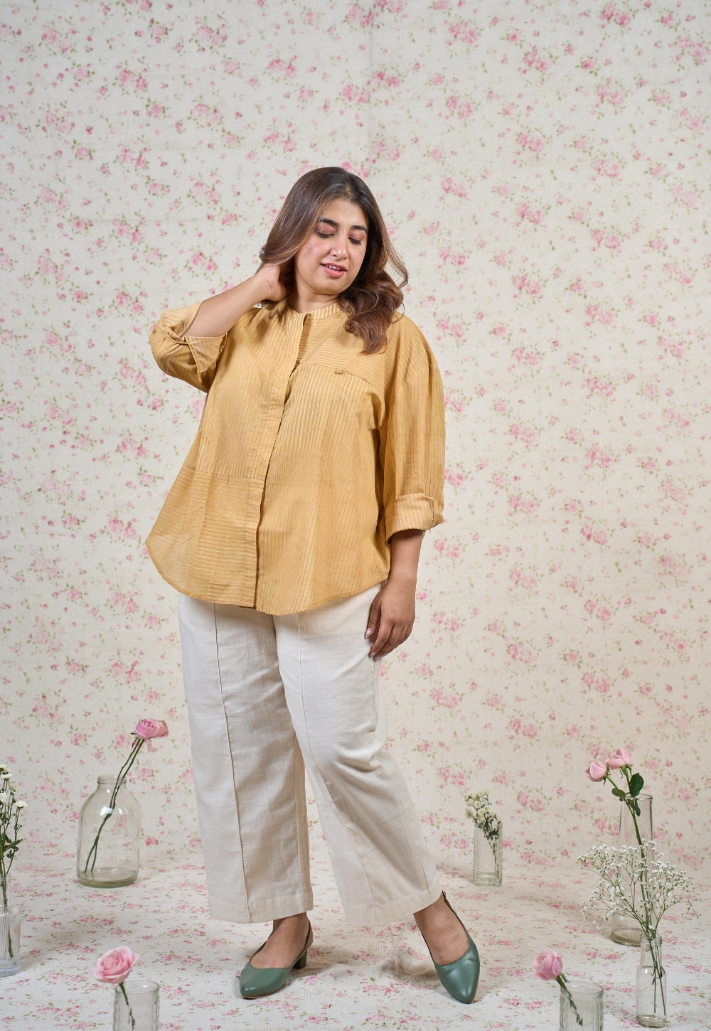 Claire Yellow Sanganeri Mul Cotton Straight Short Top