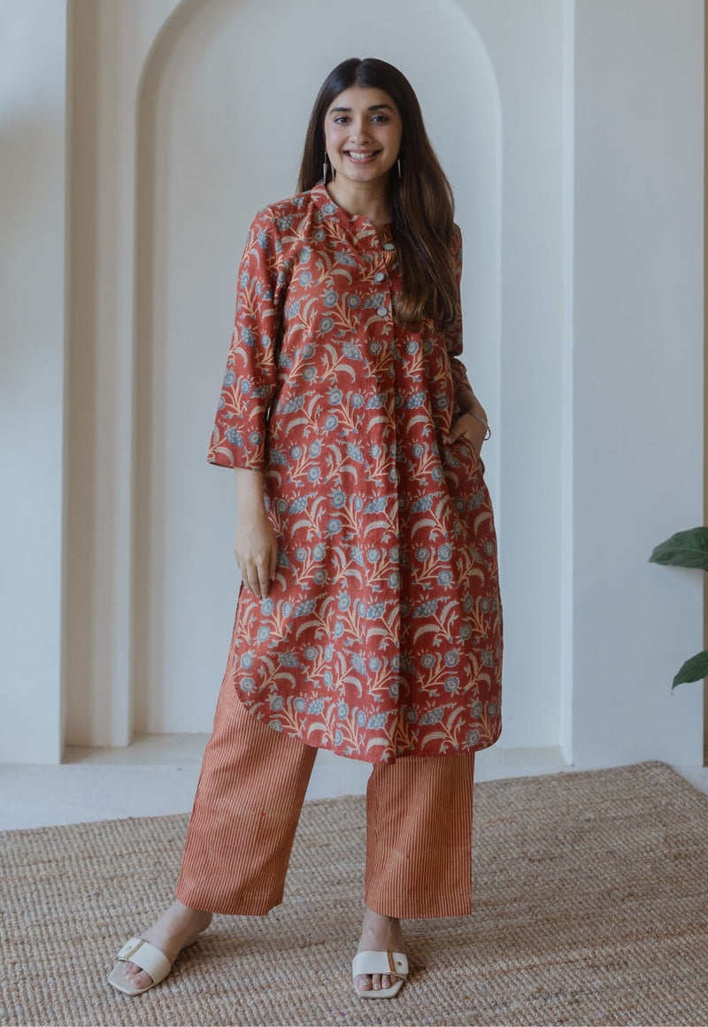 Yashi Red Ajrakh Cotton Straight Pant