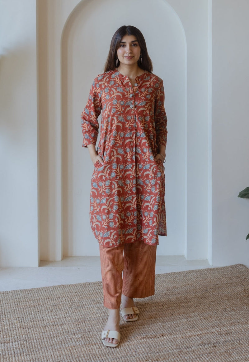 Yashi Red Ajrakh Cotton Straight Pant