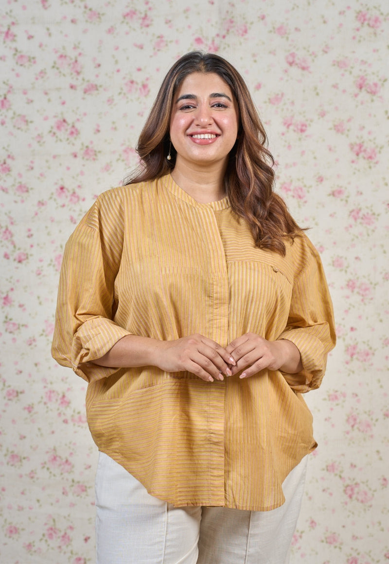 Claire Yellow Sanganeri Mul Cotton Straight Short Top