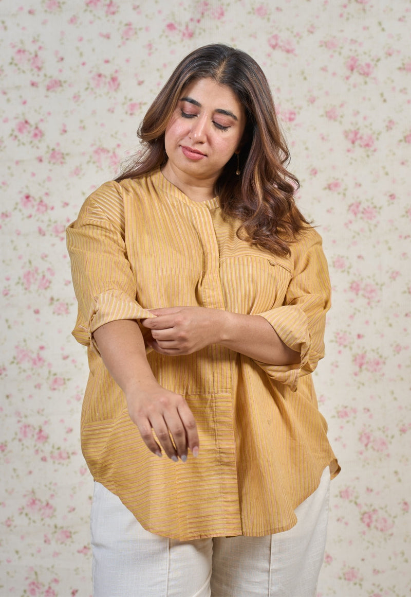 Claire Yellow Sanganeri Mul Cotton Straight Short Top