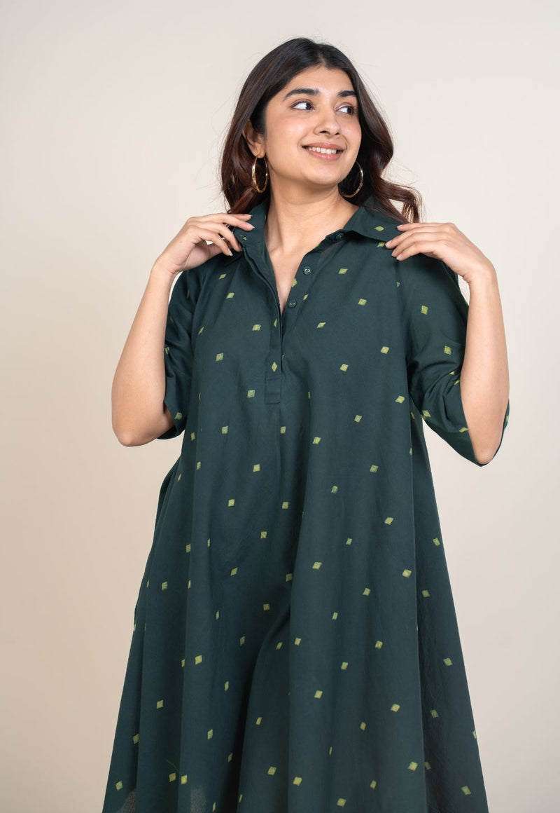 Srisha Green Dabu Cotton A Line Dress