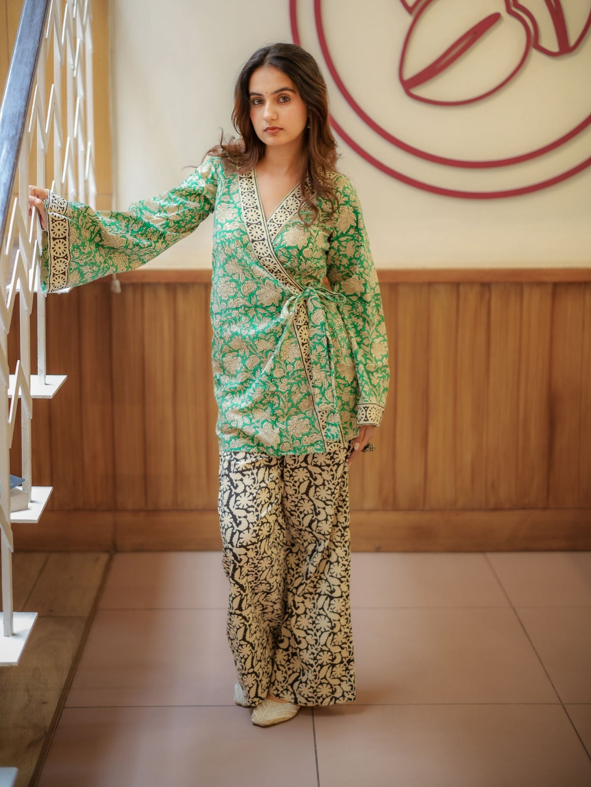 Mint Pista Handblock Wrap Top & Palazzo Set for Women