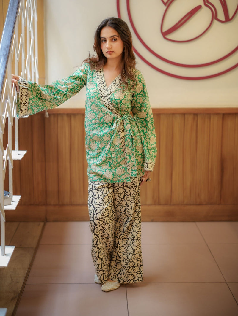 Mint Pista Handblock Wrap Top & Palazzo Set for Women