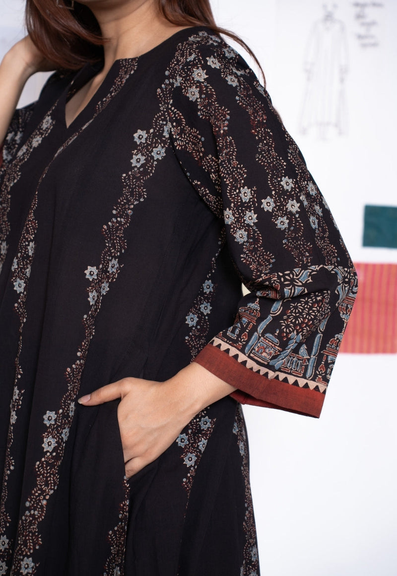 Prisha Black Ajrakh Cotton kali Kurta